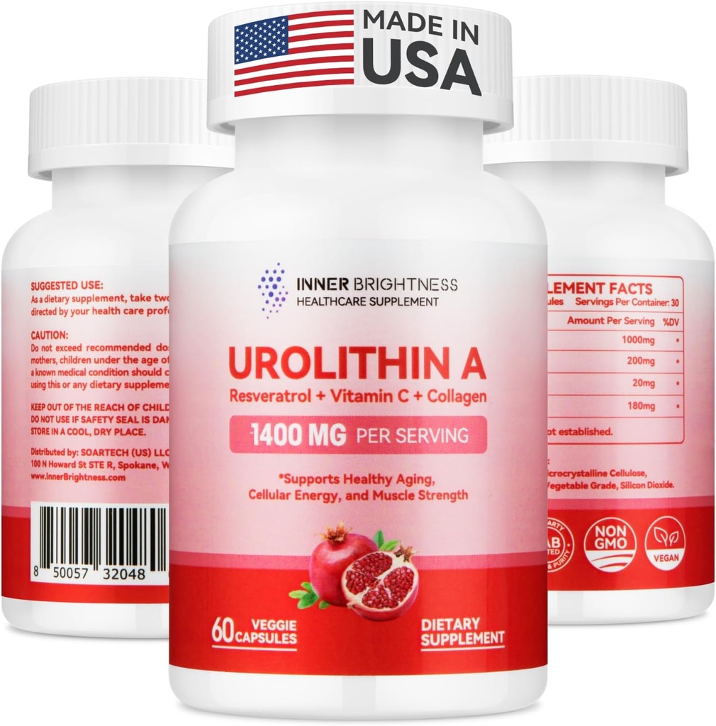 Urolithin A Supplemen 1400 MG - Non- GMO, Gluten- Free, Anti- Aging, Cellular Renewal, Kekuatan Otot, Endurance & Umur Panjang Dukungan, Lipomal Urolithish A, 60 Count