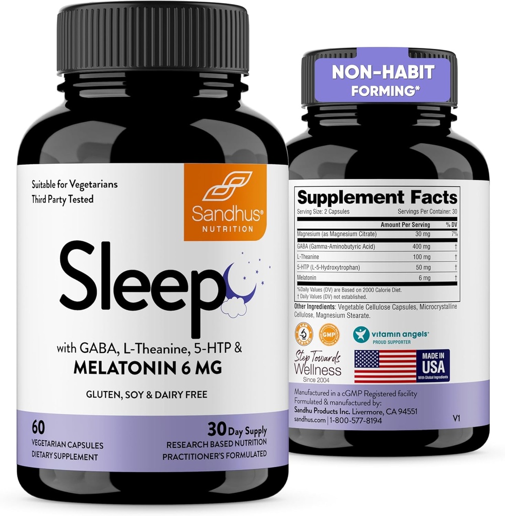 Sandhu 's Sleep 60 Capsules -Non- Habit Forming 5-in-1 Sleep Aid Suplemen dengan Melonatin, Magnesium, GABA, L- Theanine & 5- HTP
