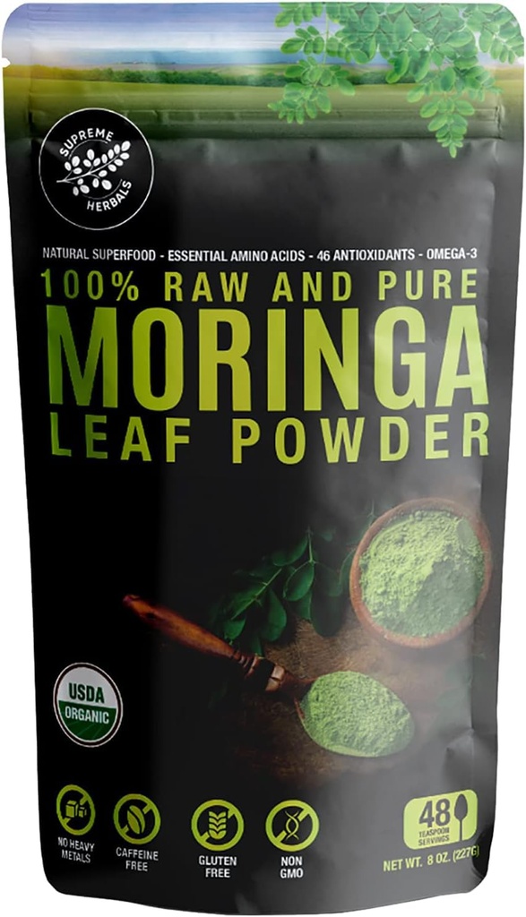 100% bubuk Moringa Leaf. Sertifikasi Organik Moringa Leaf. Superfood alami dengan Estial Amino Acids, Antioksidants, dan Omega 3, 8 oz Reselable Bag.