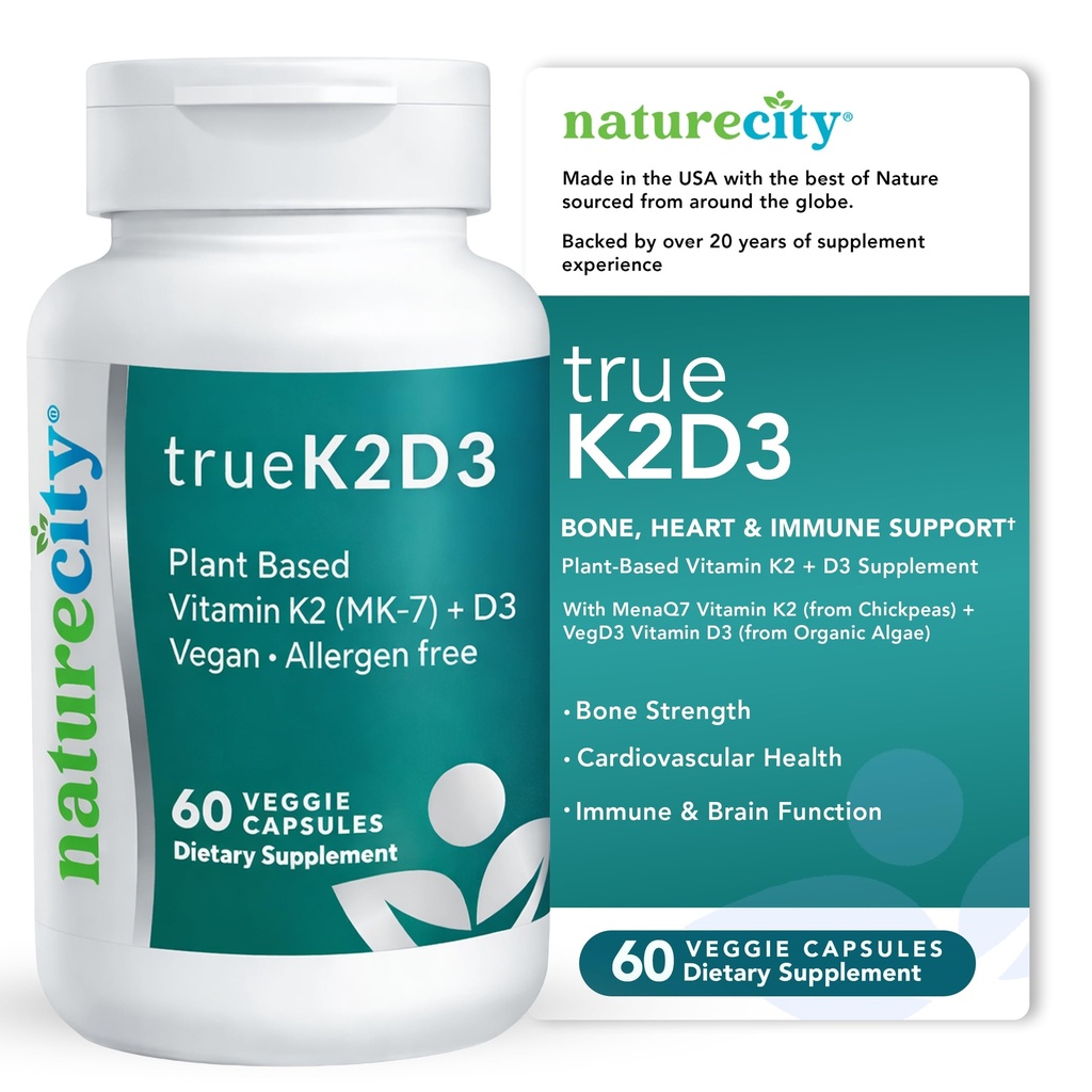 Tanaman TrueK2D3 NatureCity TrueK2D3 Based Vitamin K2 MK7 (90 mc3 from Algae (2.500 IU) 2 in 1 Vitamin D3 K2 Suplemen untuk Bone, Heart and Immune Health - 60 Vevgie Capsules