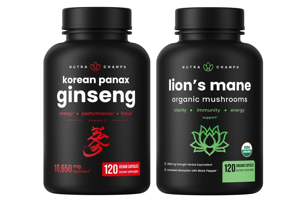 NuttraChamps Korea Ginseng Capsules dan Lions Mane Capsules 2 Pack Bundle