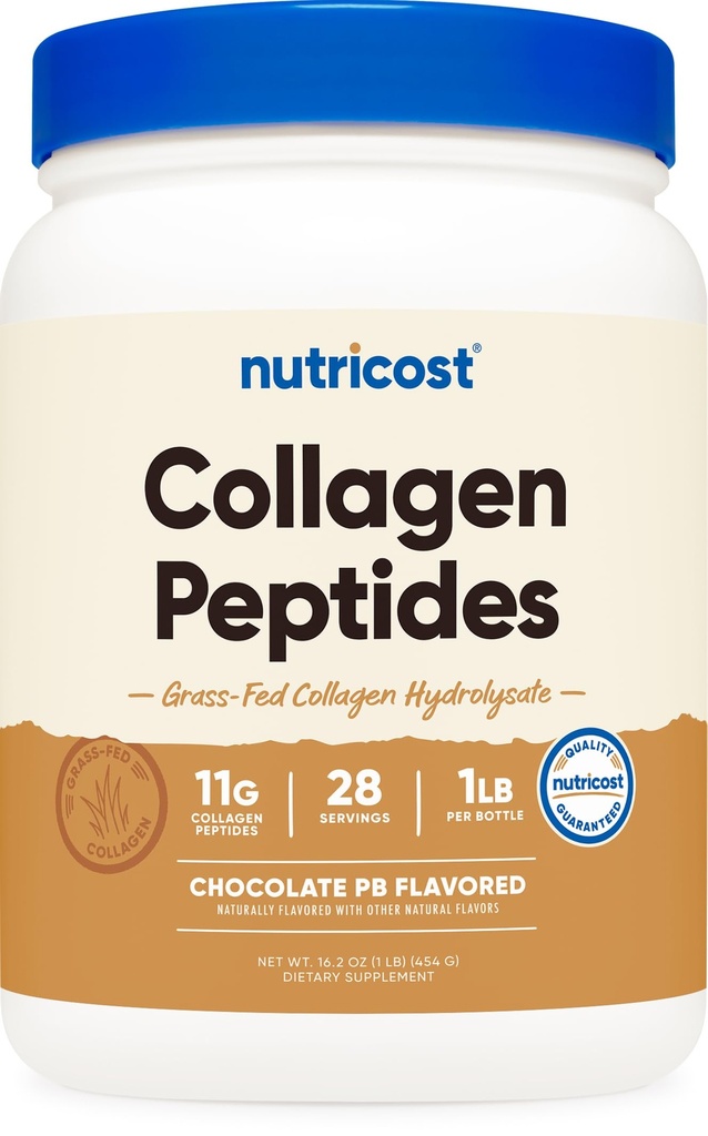 Nutricost Collagen Peptides Powder (Chocolate Peanut Butter Flavored) 1 LB - Grass- Fed Collagen Hylysate, Gluten- Free