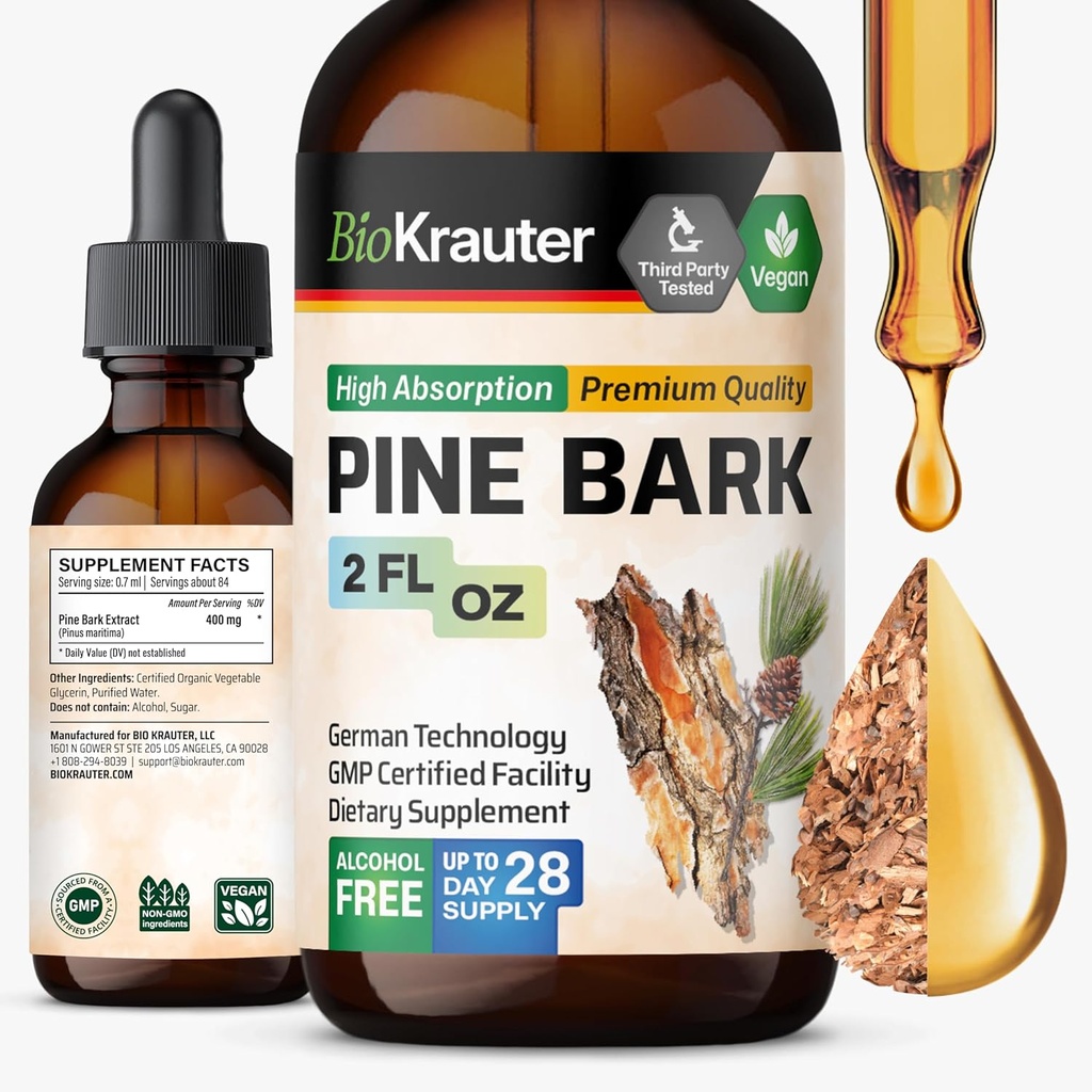 BIO KRAUTER Pine Bark Extract - Rich in Antioksidants Liquid Suplement - 400 mg French Maritim Pine Park Extract Drops - Vegan, Alkohol & Sugar Free - 2 Fl Oz