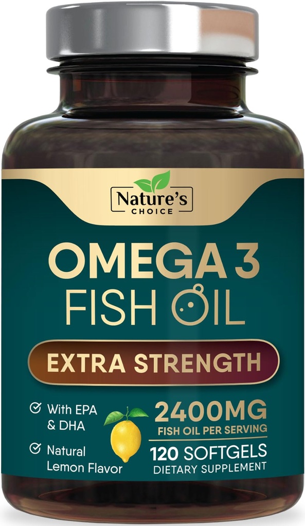 Tambahan Minyak Ikan Omega 3 Tambahan 2400 mg - EPA Triple Kekuatan & DHA Minyak Ikan Omega 3, Suftgels Gendut, Suffels Otak & Heart Kesehatan Suplemen, Gluten Bebas Non-GMO, 120 Softgels