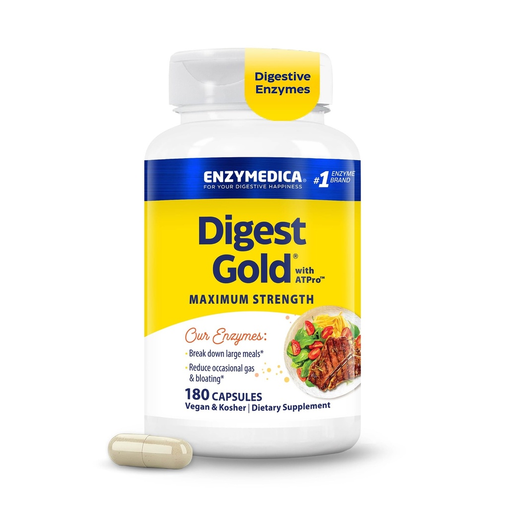 Enzymedica Digest Gold + ATPro, Maximum Power, Fast- Acting, Helling Digest Large Meals, Prevents Bloating and Gas, 180 Count (FFP)