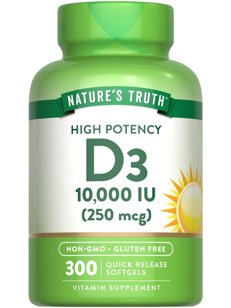Nature 's Truth Vitamin D3 10.000 IU Softgeels 124; 300 Count 124; Ekstra Kekuatan 124; Non-GMO & Gluten Free Suplemen