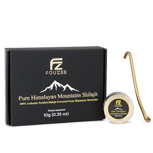 FouZEE Pure Himalaya Mountains Shilajit - 77% + Fulvic Acid Acid Hard Confescy, Natural Source of Fulvic Acid, Over 85 Trace Mineces, Includes Stainless Steel Spoon (10 Grams)