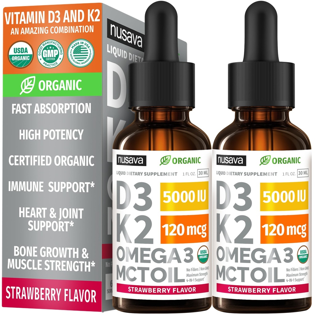 (2 Pack) Organik Vitamin D3 K2 Drops 5000 IU dengan MCT Oil Omega 3 - Maximum Power Liquid D3 with No Fillers, Non-GMO for Faster Absorpsi, Imune Support (Strawberry, 2 Fl Oz)