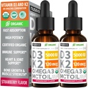 (2 Pack) Organik Vitamin D3 K2 Drops 5000 IU dengan MCT Oil Omega 3 - Maximum Power Liquid D3 with No Fillers, Non-GMO for Faster Absorpsi, Imune Support (Strawberry, 2 Fl Oz)