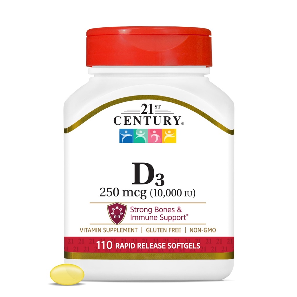 Abad ke-21 Vitamin D3 250 mcg (10.000 IU) Rapid Lepaskan Softgels, 110 Count