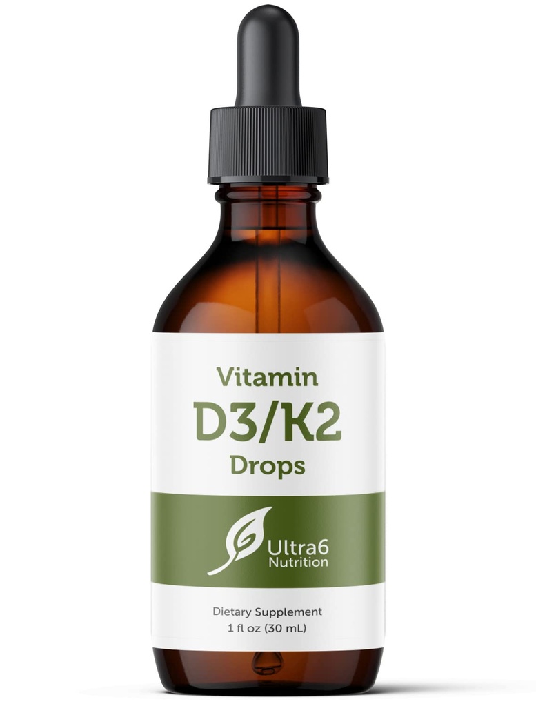 Ultra6 Nutrition Vitamin D dan K2 Drops - Liquid Vitamin D3 dengan K2 Suplemen untuk Dewasa - Easy- toTake, Flavor- Free, Sangat Absorbable VIT D3 dan K2 Suplemen, Dibuat di USA (30 ml)