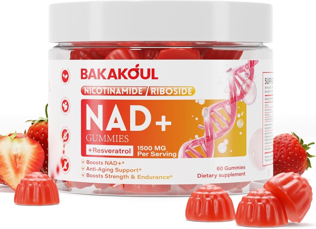 NAD Gummies, NAD Suplemen - Lipomal Nicotinamide Riboside, Resveratrol, Quercetin, NAD Nicotinamide Riboside Resveratrol 900mg, NAD + Tambahan untuk Pria dan Wanita, 60 Gummies 1 Pack