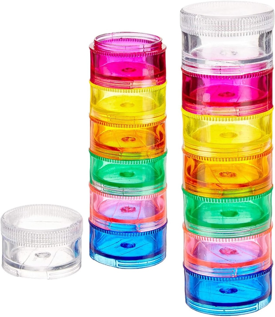 Deke Home - Stackable Pill Organizer (2 Pack), 7 Day Weekly Pill Box Tower dengan Twist Lock Comparent, BPA- Free, Travel Medicine Holder & Vitamin Dispenser, Compact & Portable Case, Rainbow Colored