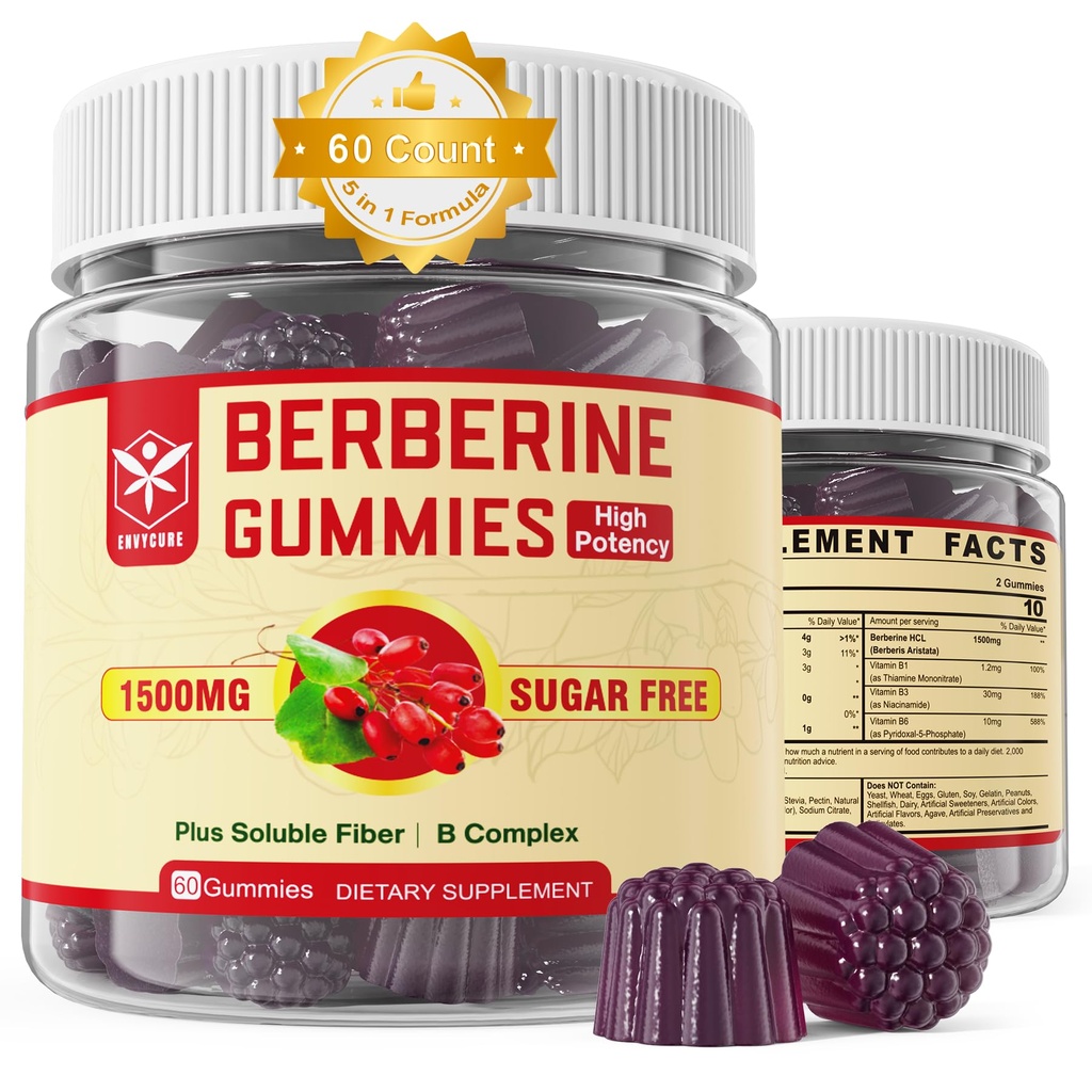 Suplemen Berberine 1500mg dengan Soluble Fiber, B1, B3 & B6, Sugar Free Berberine HCL Gummies, High Bioavability AMPK Activitor untuk MAlumtâbbolism ballanced, Daily Digetical & Body Mânâgnt, 60 Cts