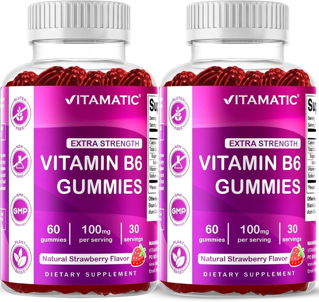 Vitamin 2 Packs Vitamin B6 100mg Gummies - Natural Strawberry Flavor - 60 Pectin - berbasis Gummies per Botol - Gugup Sistem & Energi Dukungan
