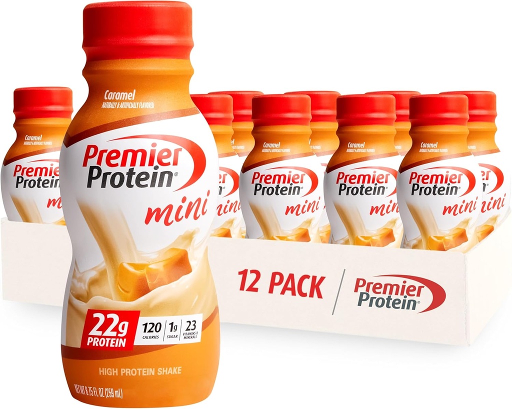 Premier Protein Shake MinIs, Caramel, 22g Protein, 120 Kalories, 1g Sugar, 8.75lf oz, Paket 12
