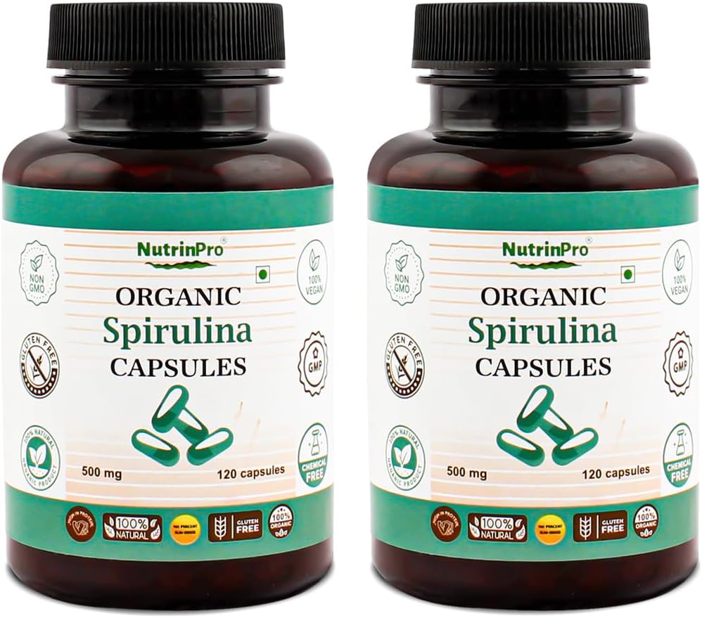 USDA Organic Spirulina Kapsul - 100% Suplemen Vegan Murni, Non- GMO, Gluten- Free, Chemical - Free (240)
