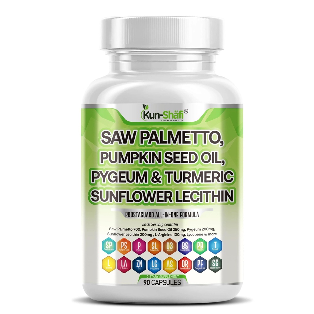 Saw Palmetto with Stinging Nettle, Pygeum, Pumpkin Seed, Sunflower Leciphin, Turmeric & Ashwagandha - Prostate Dupport for Men with Lycopene & Vitamin D3 - 90 Capsules