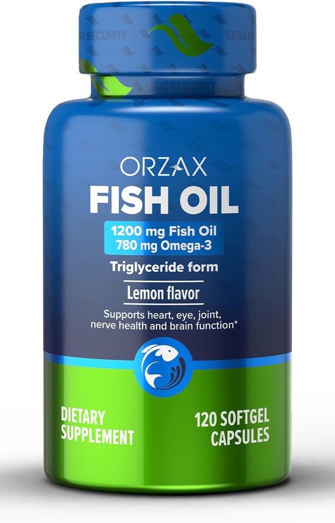 ORZAX Omega 3 Minyak Ikan 1200 mg - EPA DHA Omega 3 Suplemen - Promoses Heart, Eye, Gabungan, Nerve, Imune, Otak dan Kesehatan Darah - Burpless & Lemon Flavored - Non-GMO - 120 Softgels - Tambahan 60 Hari