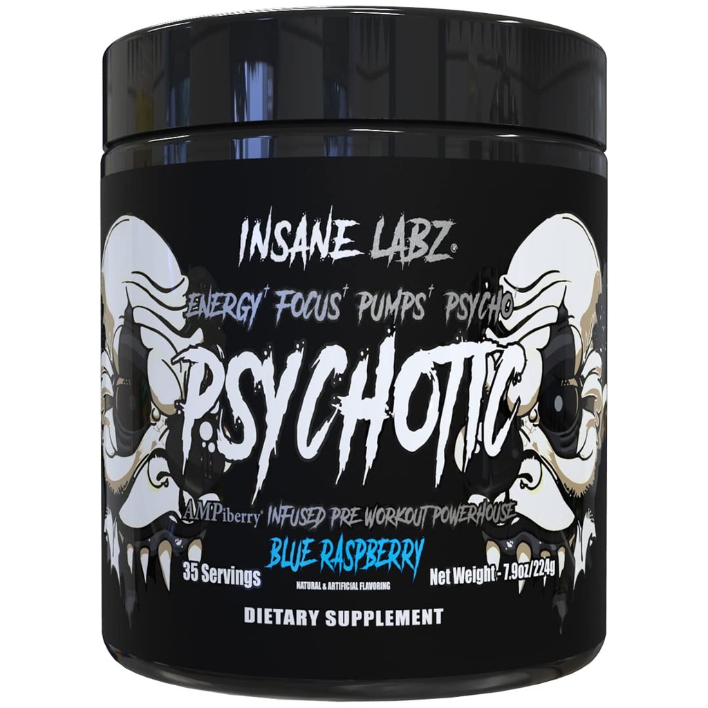 Insane Labz Psychotic Black Edition Mid Stimulant Pre Workout Powder, Energy Focus Pumps, Penuh dengan Creatine Beta Alanine Taurine Fueline oleh AMPiberry, 35 Servings (Blue Raspberry)
