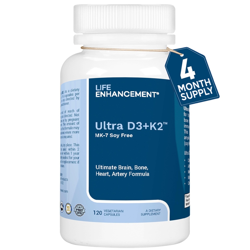 Enhancement Life Vitamin D3 K2 2000iu Support Muscle & Brain Health - D3 K2 Suplemen Membantu dalam Dukungan Imune dan Kardiovaskular - Dibuat di AS (120 Kapsul Vegetarian)