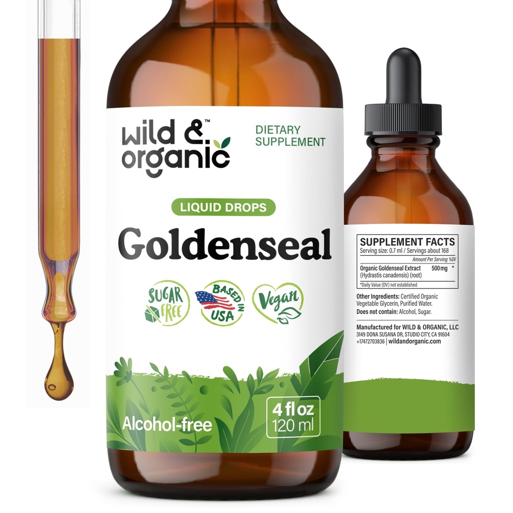Wild & Organic Goldenseal Tincture - Lung & Digetical Dukungan - Goldenseal Root Extract Liquid Drops - Vegan, Sugar & Alcohol- Free Herb Supplemen - 4 flf oz