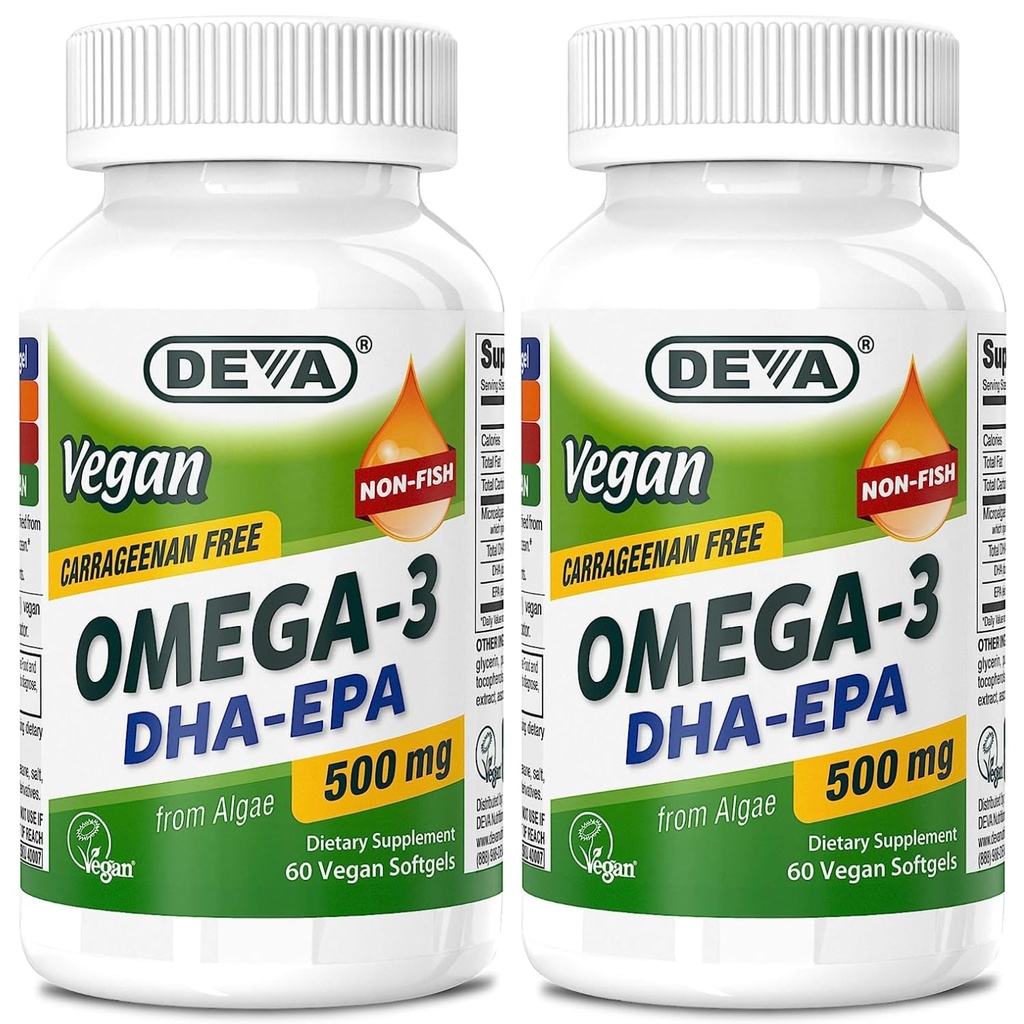 DEVA Vegan Omega-3 DHA-EPA 500MG 2-Pack - Tidak ada Carrageenan, No- Minyak Ikan Derived dari Algae, Non- GMO, 60 Gagatin- Free Softgeels Ea