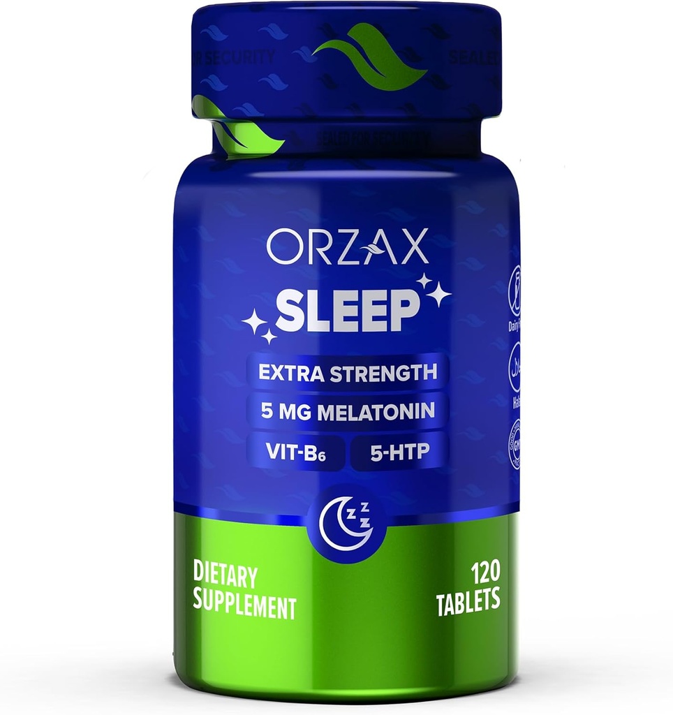 OrZAX Sleep - Melonatin 5 mg, Vitamin B6 & 5- HTP Suplemen Tidur yang penuh untuk Orang Dewasa (120 Tablet)