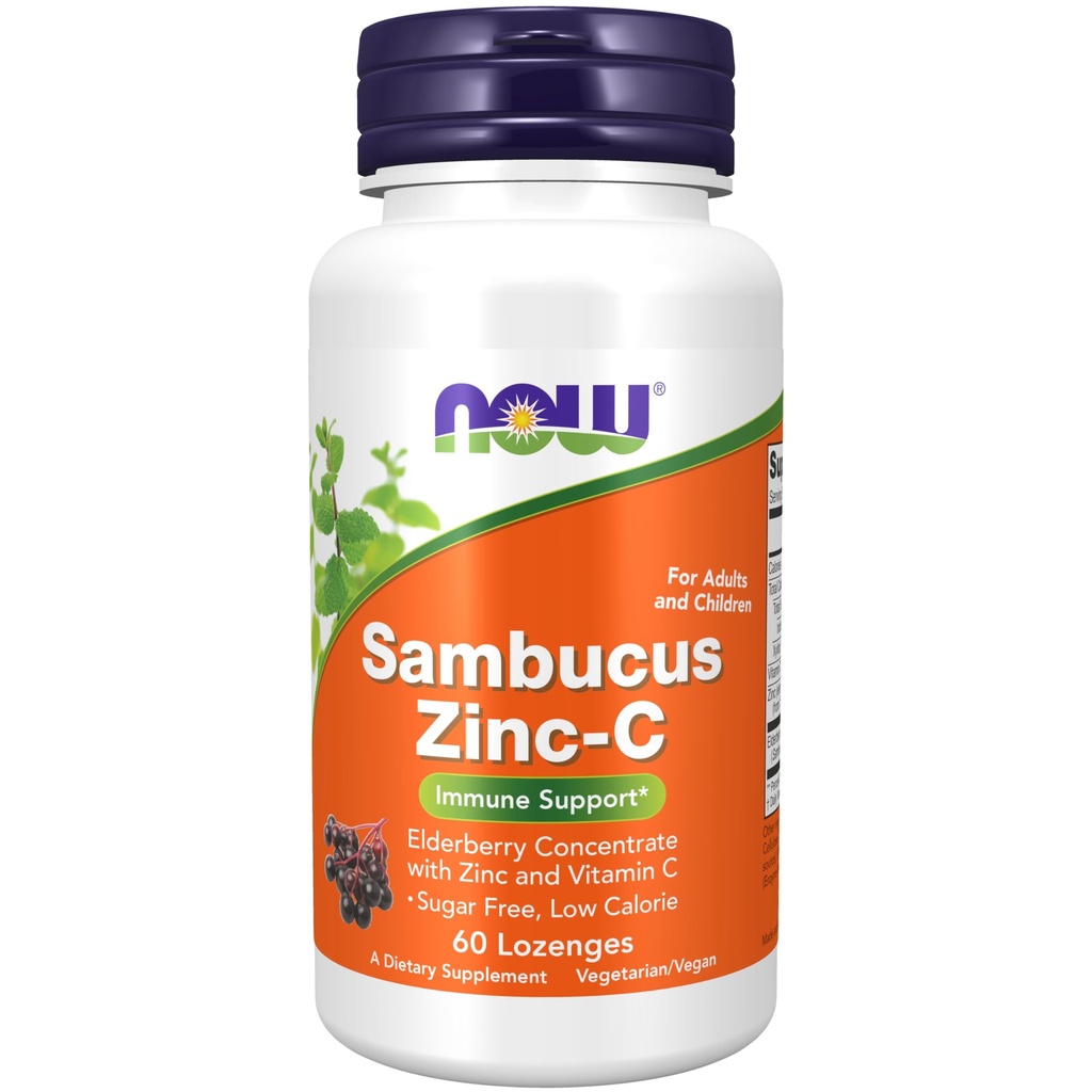NOW Foods Suplemen, Sambucus Zinc-C dengan Elderberry Konsentrasi dan Vitamin C, 60 Lozenges