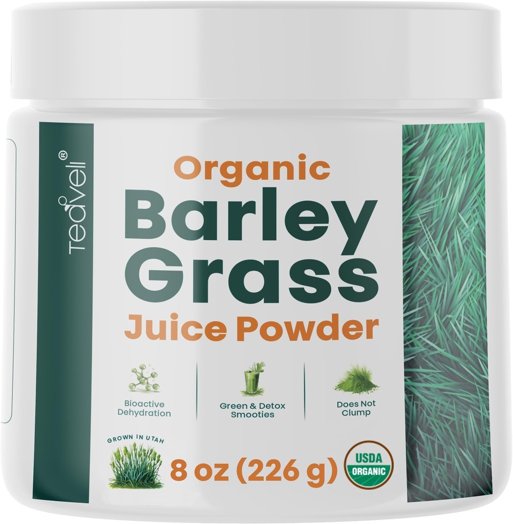 Teaveli Organic Grass Juckder- Raw, Utah Grown Barley Grass Extract for Detox- Complements Wheatgrass Juice- Made in USA Without Gluten, Advacives or Preservates - 8 oz (226 Grams)