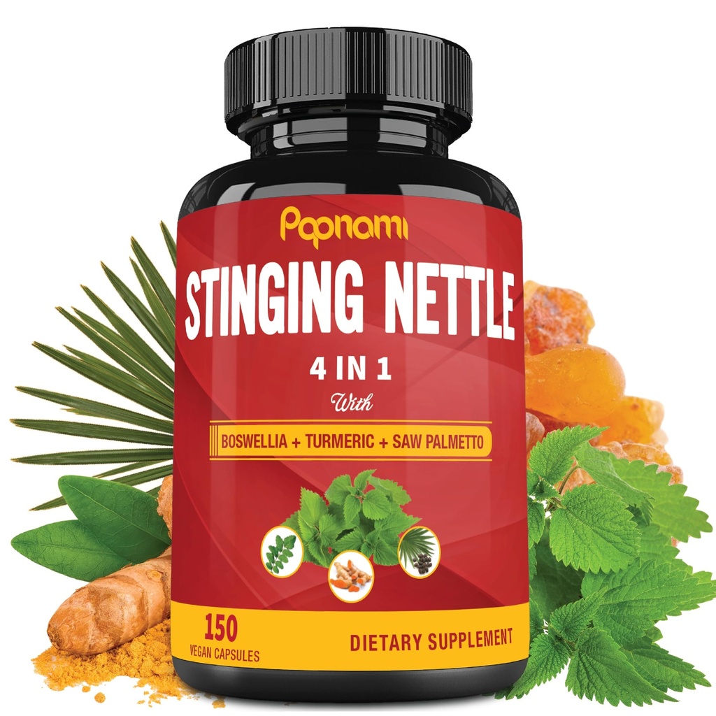 Shinging Nettle Extract Capsules - 4in1 Dikombinasikan dengan Boswellia, Turmeric & Saw Palmetto - 150 Counts untuk 5 Bulan - Support Gabungan, Manajemen Tubuh, Kulit, Rambut & Kebal