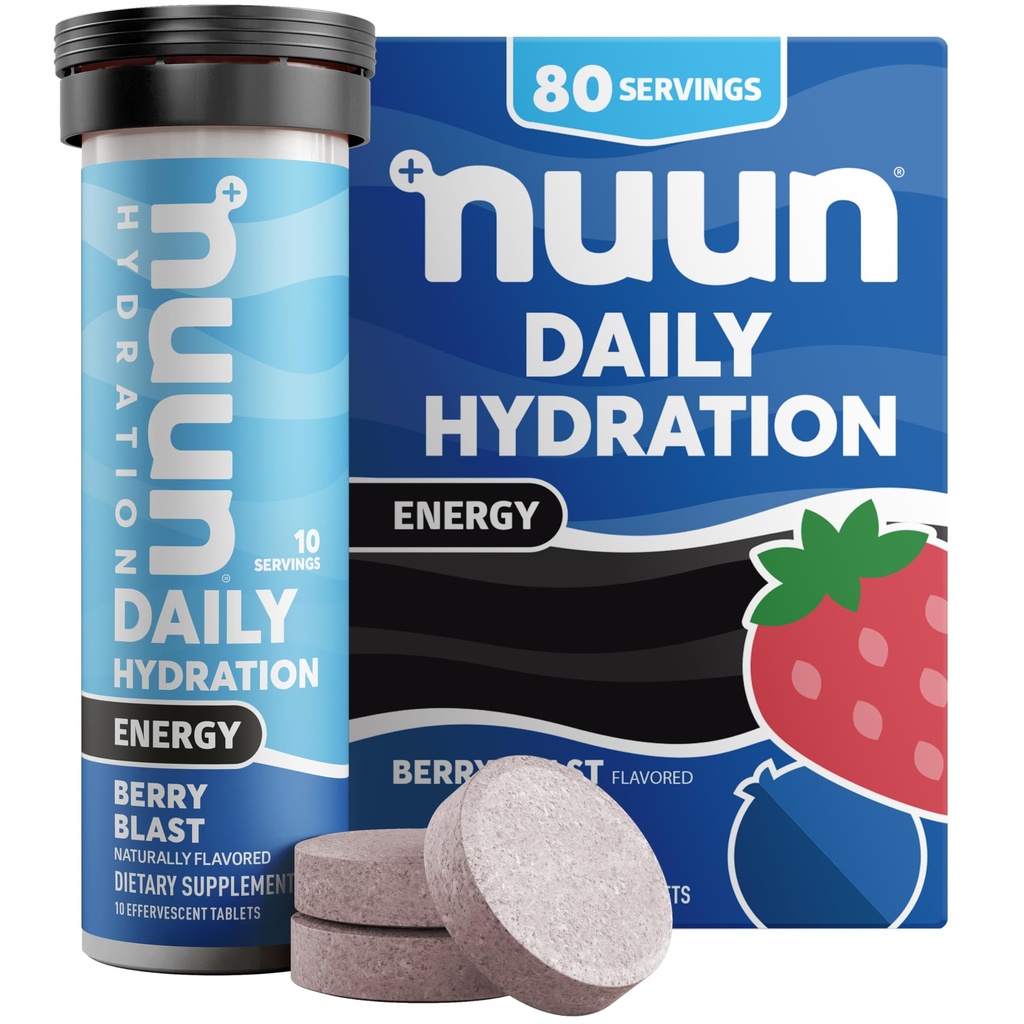 Nuun Energy Electrolite Tablet dengan Ginseng, Caffeine dari Green Tea Extract, Vitamin B12, B6, B5, Magnesium & 4 Electrolite lainnya, Gluten Free & Vegan, Berry Blast, 8 Pack (80 Servings Total)