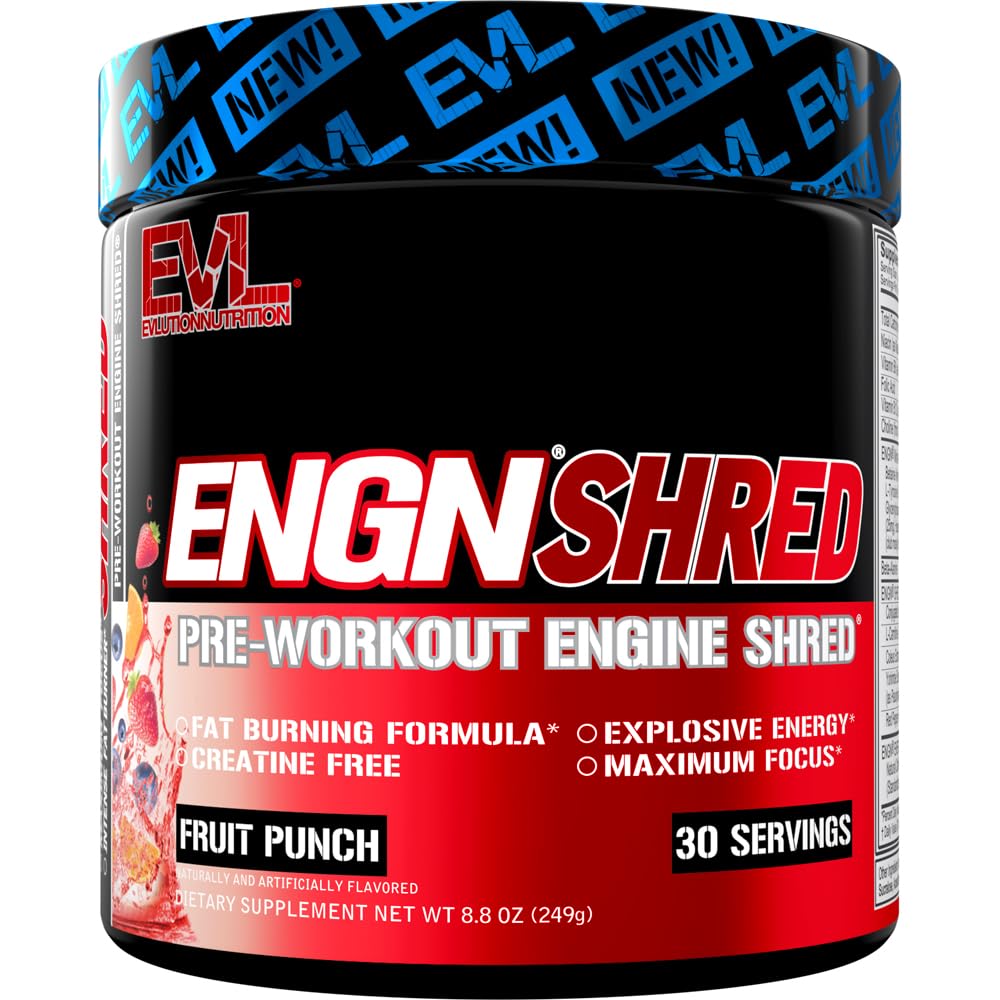 EVL Ultimate Pre Workout Powder - Thermogenic Fat Burns Dupder Minum untuk Lasting Energy Focus dan Stamina - ENGN Shred Intense Free Pretraining Minum Mix - Fruit Punch