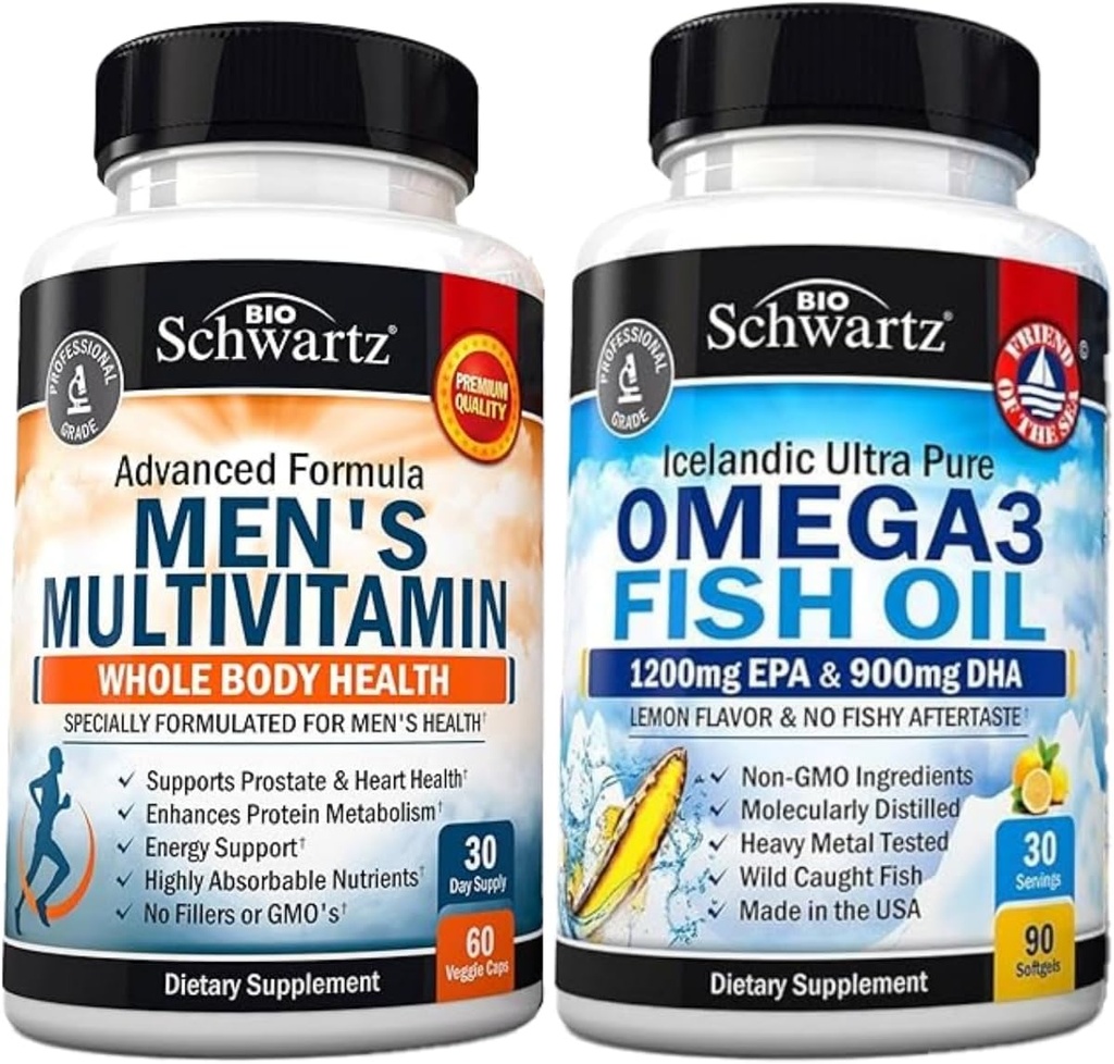 Advanced Daily Men 's Multivitamin dengan Vitamin C A B D3 E dan Zinc (1 Bulan Supply) Ditambah Triple Kekuatan Omega 3 Ikan Oil Softgel (Persediaan 1 Bulan)