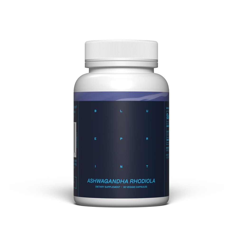 Blueprint Bryan Johnson Ashwagandha & Rhodiola Suplement - 120mg Ashwagandha + Rhodiola Root - Daily Adaptogen Capsules for Stress Support, Mood Saldo, Energy & Focus - 30 Vegan Capsules