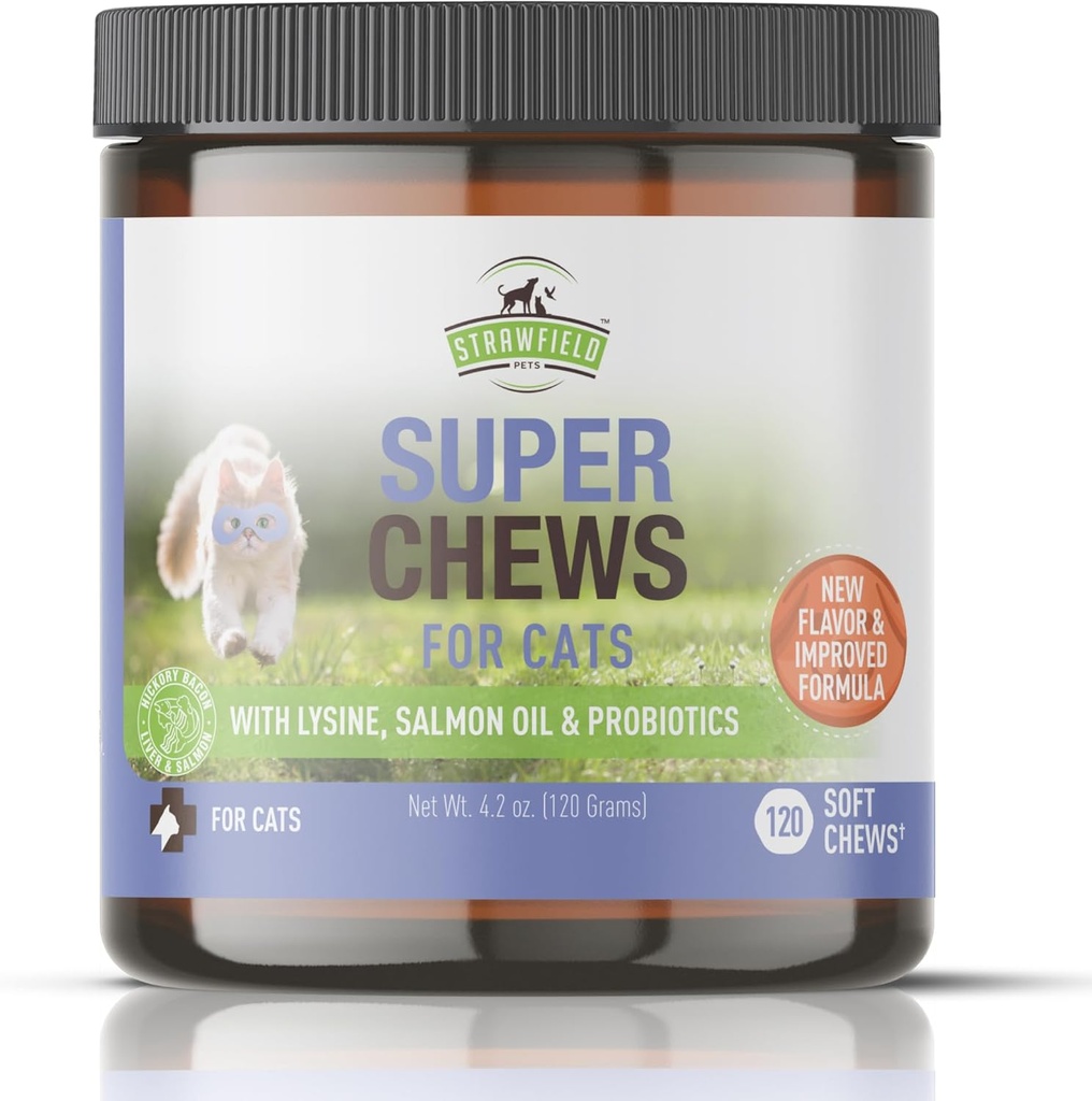 Strawfield Pets Super Chews for Cats - Lysine, Propoles, Omega 3 Fish Oil (Salmon Oil), Catnip - Pendukung Imune, Gut, Skin & Gabungan Kesehatan - 120 Hickory Bacon Salmon & Liver Flavored Softchews