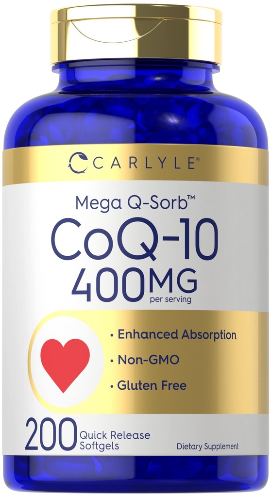 Carlyle CoQ10 400 mg Softgeels 124; 200 Count 124; Tinggi Absorpsi Koenzim Q10 124; dengan LADA Hitam Ekstrak 124; Non-GMO dan Gluten Free Suplemen