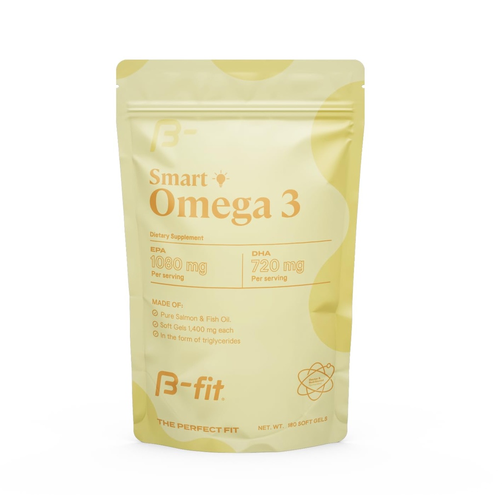 B-FIT Omega 3 Ikan Oil - Potency Tinggi Patenan Formula mula - 1800 mg dengan 1080 mg EPA & 720 mg DHA - 180 Odorless Softgel dari Norwegia Salmon - 60- Day Supply - Heart, Brain & Gabungan Dukungan