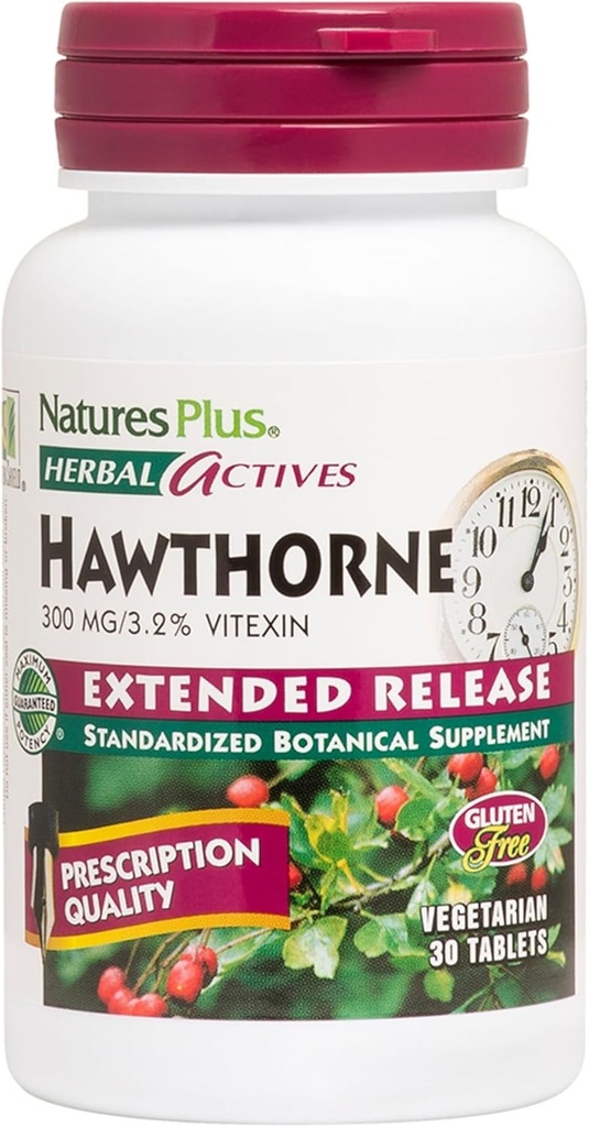 Natures Plus Herbal Actives Hawthorne - 300mg, 3.2% Vixin, 30 Vegan Tablet - 30 pelayan