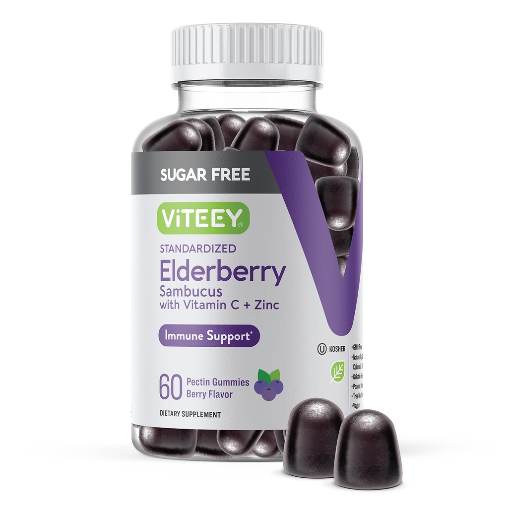 VITEEY Sambucus Elderberry Gummies for Adules & Teens + Zinc & Vitamin C - Sugar Free - Imune Support & Booster Herbal Supplemen - Vegan, Gluten Free, Gelatin Free, GMO Gratis, Chewable Berry Flavored