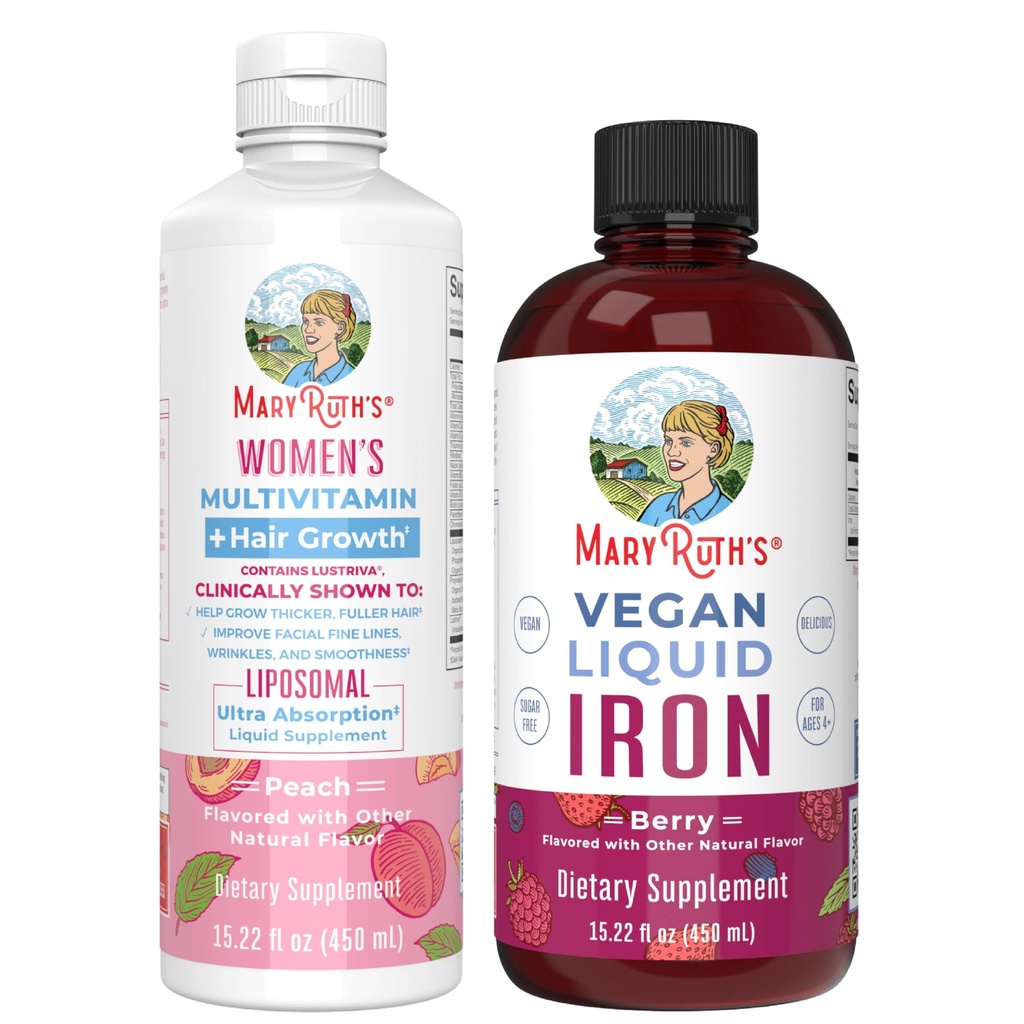MaryRuth 's Fetivitamin + Hair Growth Lipomal (Peach) & Iron Liquid (Berry): Clean Label Project Verified ® 124; Suplemen untuk Beauty, Imuniance, & Overall Health 124; Vegan, Non-GMO, Gluten- Free