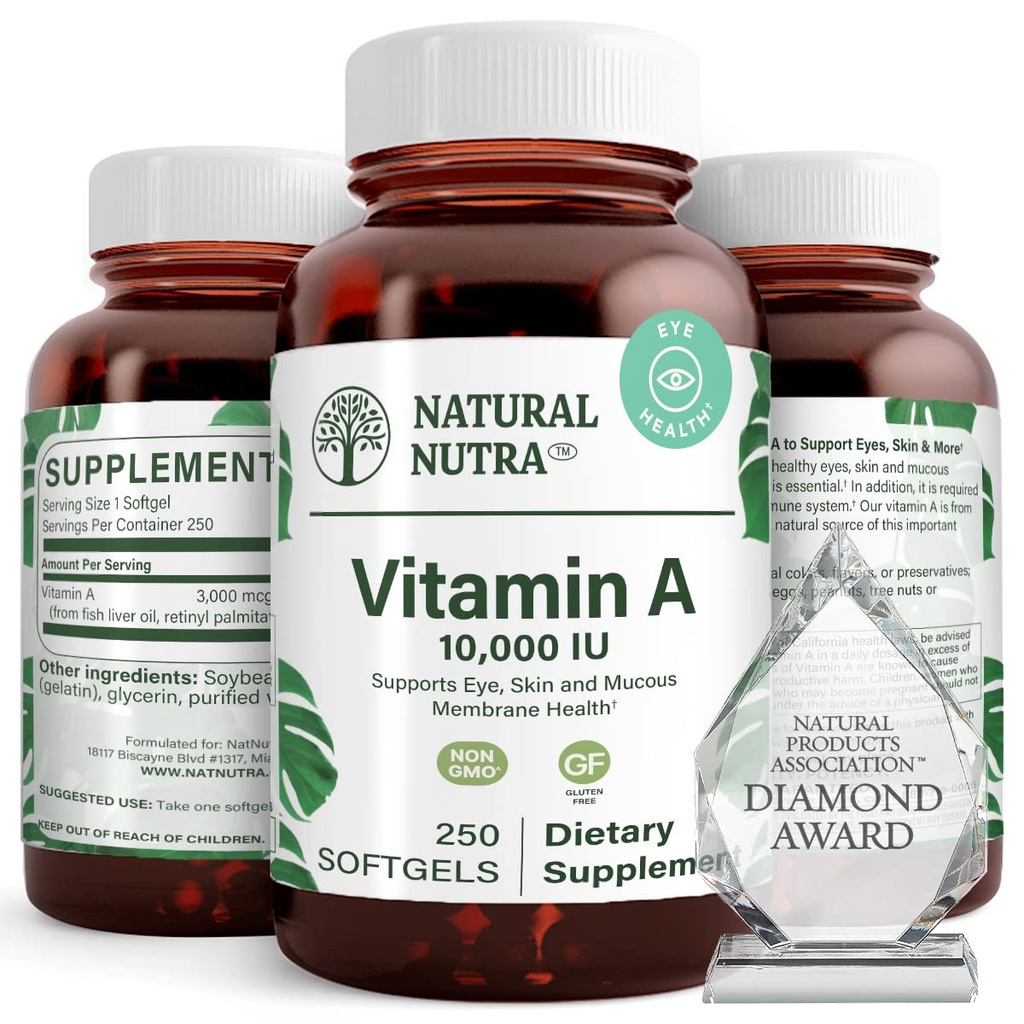 Natural Nutra Vitamin A 10,000 IU Softgeels - High Potency Eye and Skin Vitamin - Gluten- Free Vitamin A Suflet for Sight & Skin Health - Fish Liver Oil for Men and Women, Gluten Free, 250 Softgels