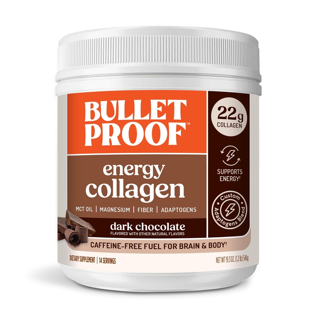 Bulletproof Dark Chocolate Energy Collagen Protein, 19.3 Ounces, Caffeine- Free Fuel dengan Vitamin dan Antioksidan, dicampur dengan Ginseng, Magnesium, Cordyceps Mushroom