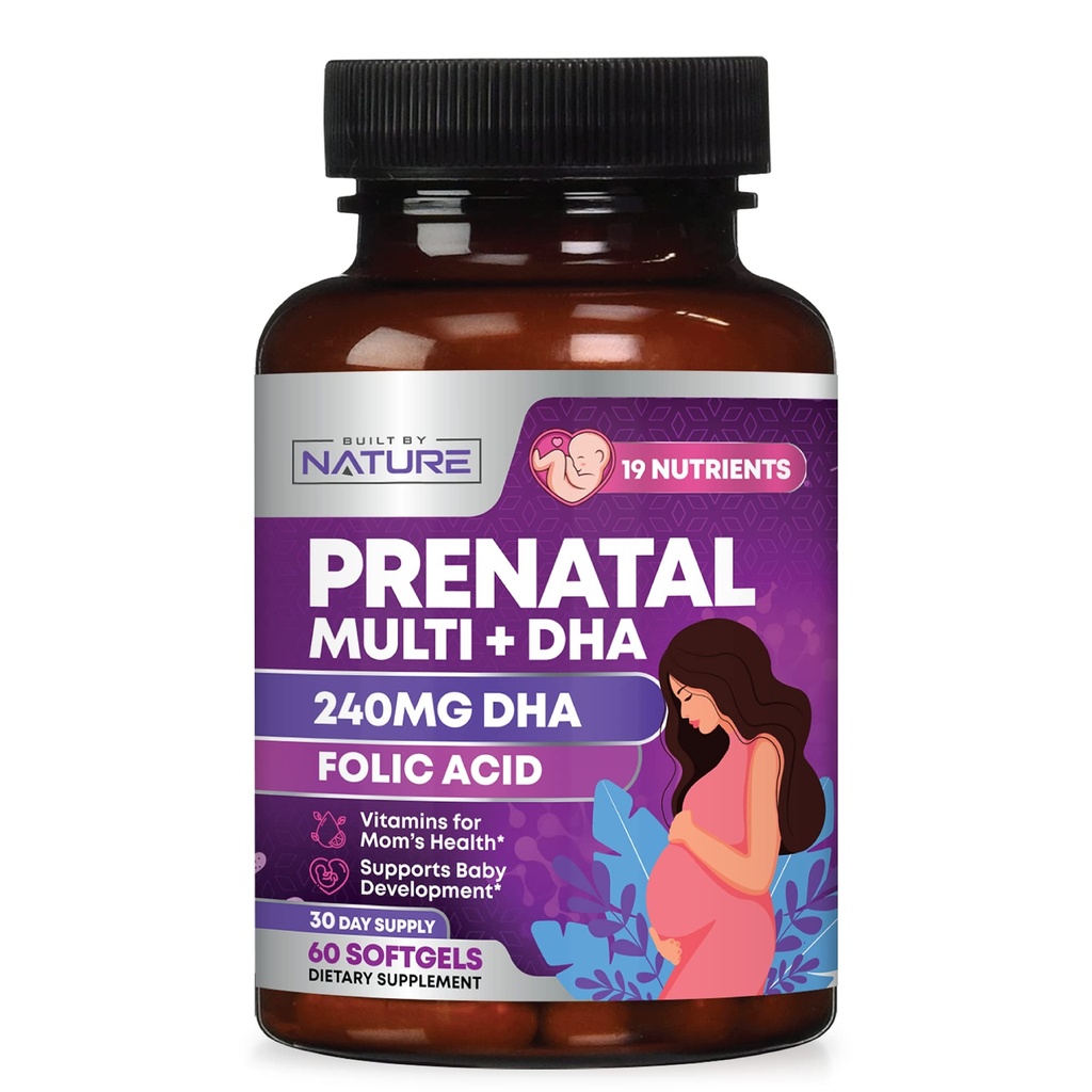 Prenatal Vitamin bagi Perempuan - Multivitamin dengan DHA, Asam Folic, Vitamin C, B12, Besi & Omega-3 - Sebelum, Selama Suplemen Kehamilan Kesehatan & Pengembangan Otak - 60 Softgeels