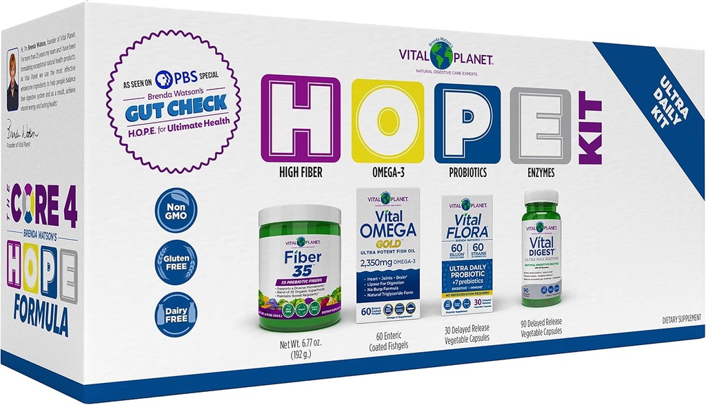 Planet Vital - Gut Periksa Harapan Formula Kit oleh Brenda Watson - 4 Paket Produk dengan Ultra Daily Probiotic 30 Cap, Fiber 35 Powder 6.7oz, Vital Omega Oil 60 Softgeels, dan Digeptical Enzyme 90 Cap