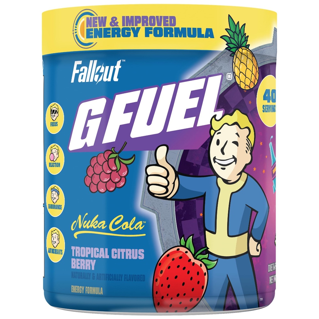 GGFuel Nuka Cola Powder, Sugar Free, Suplemen Fokus Caffeine Clean, Water Mix, Tropical Citrus Berry Flavor, Fokus Amino, Vitamin + Antioksidants Blend - 9.8 oz (40 Pelayan)