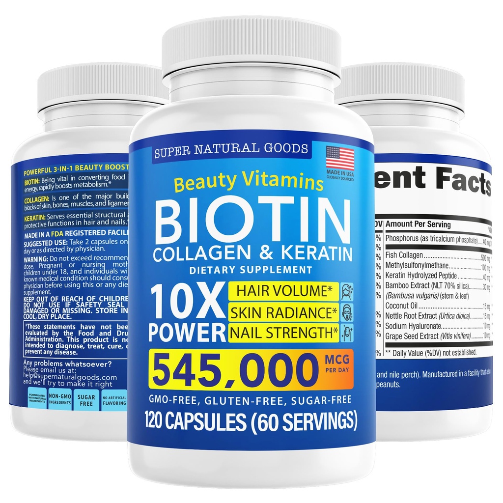 Biotin dan Collagen Vitamin + Keratin dengan Pembengkokan - Pengobatan Rambut & Pria - Follikel, Suplemen Skin dan Nail untuk Pertumbuhan Rambut & Postpartum Dukungan - GMO Bebas & Gluten Bebas (120 Caps)