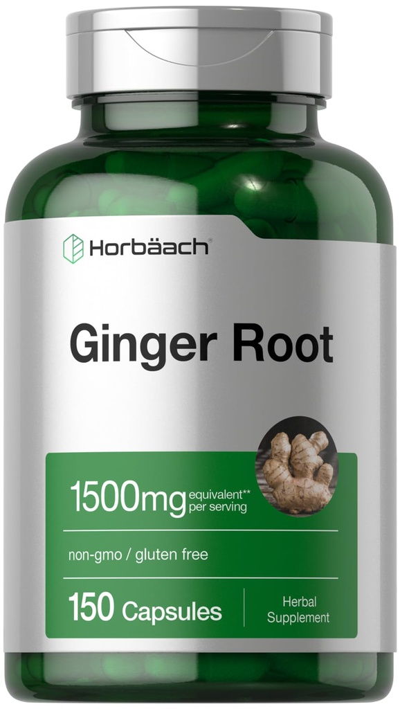 Horbäach Ginger Root Capsules 1500 mg 124; 150 Pil 134; Non-GMO, Gluten Free 124; Ginger Root Extract