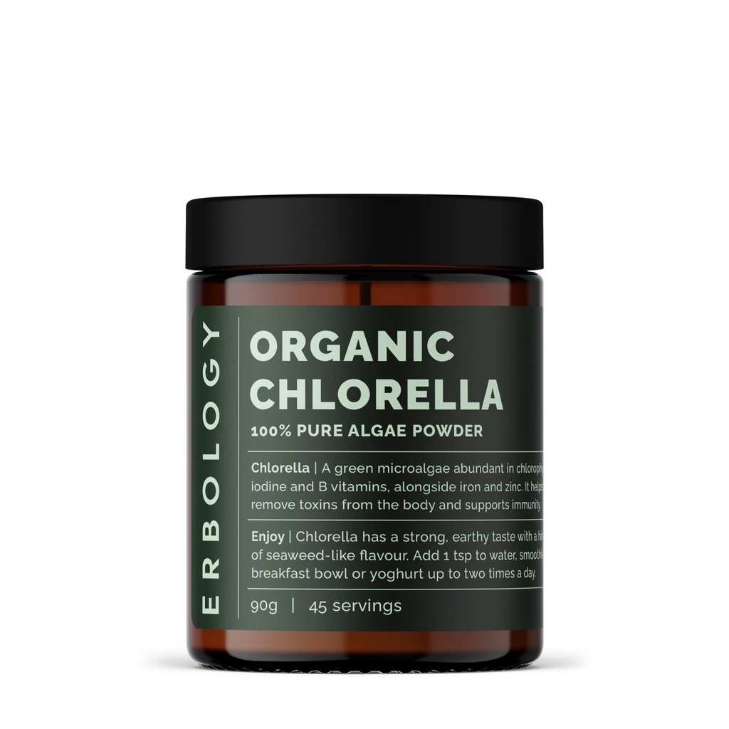 Erbologi Organic Chlorella Powder 3.2 oz - 45 hamba - Disediakan di Spanyol - Tubuh Membersihkan dan Dukungan Kebal - Kaya dalam Chlorophyll, B Vitamin, Besi dan Posforus - Vegan - GMO- Free