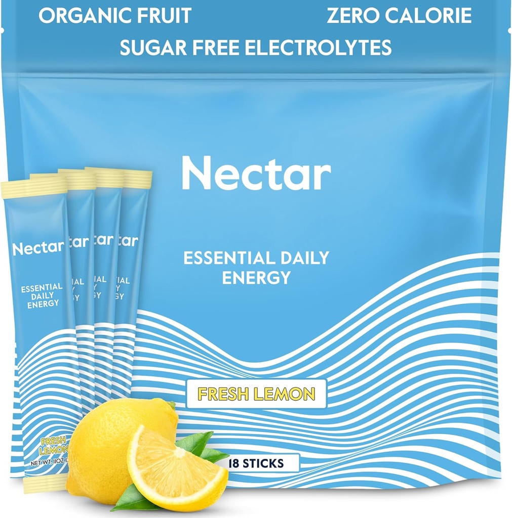 Nectar Energy Booster - Caffeine Organik, B12 & Electrolytes - Sugar Free & Zero Calorie - Kopi Sehat, Minuman Energi & Soda Alternatif - Hidration & Energi Supplemen Lemon 18 Powder)